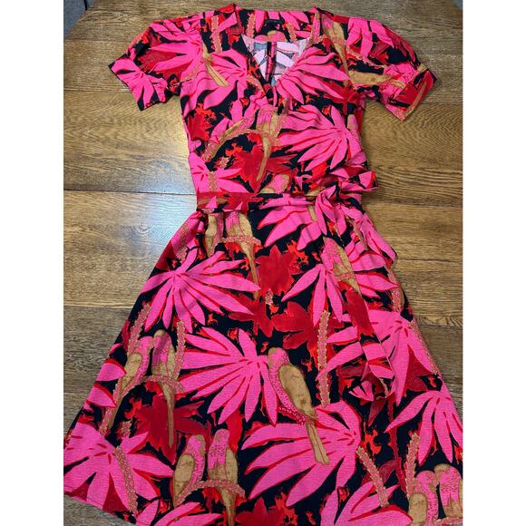 J. Crew Palm Print Faux Wrap Midi Dress Pink Red Black Sz 8 - Picture 1 of 11